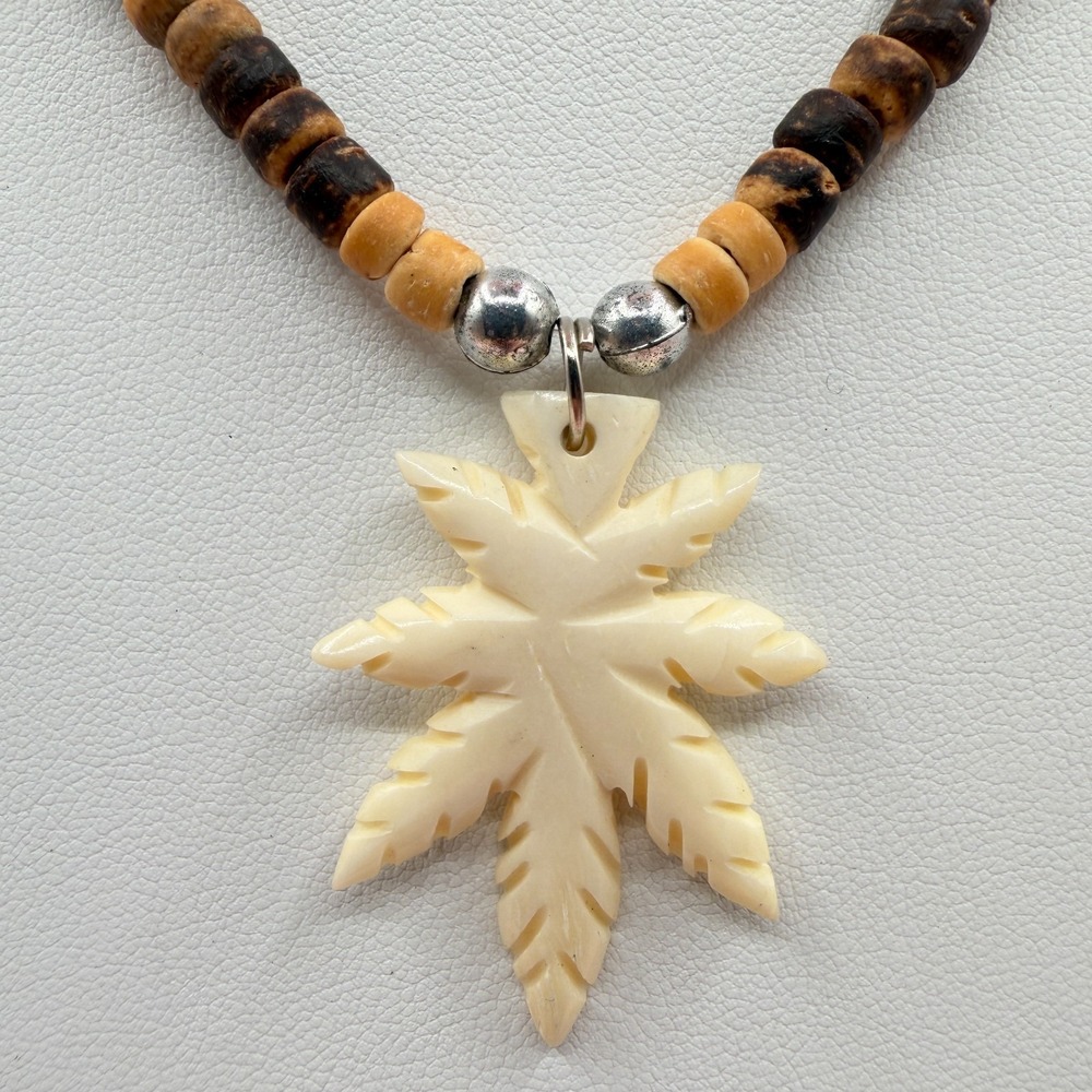 Carved Cannabis Leaf Pendant Necklace Brown Heishi Beads Boho Festival Vintage